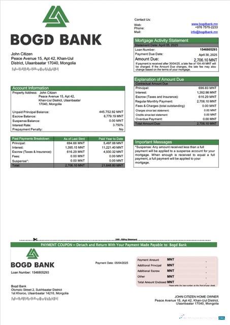 Download Mongolia Bogd Bank mortgage statement Word and PDF template Photoshop template